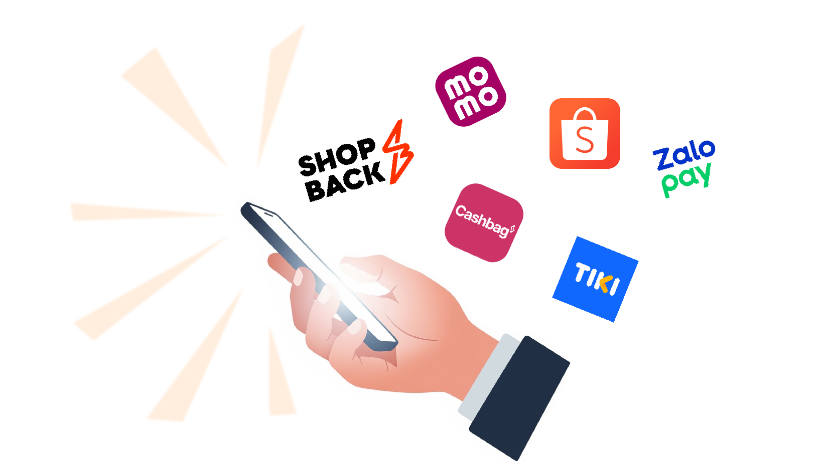 minh họa các nền tảng hoàn tiền và ví điện tử ShopBack, Cashbag, ZaloPay, Momo, Tiki Rewards, Shopee Xu…