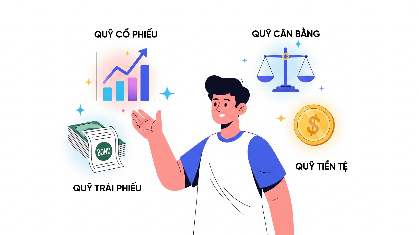 Quỹ phổ biến: Quỹ cổ phiếu, Quỹ trái phiếu, Quỹ cân bằng, Quỹ tiền tệ 