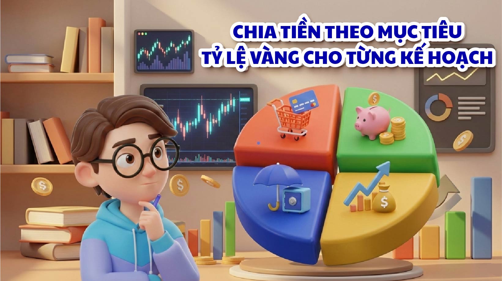 Quản lý tài chính cá nhân không chỉ là tiết kiệm, mà còn là việc phân bổ tiền một cách chiến lược để đạt được các mục tiêu cụ thể. Bài viết này sẽ giúp bạn hiểu rõ nguyên tắc phân bổ tiền theo mục tiêu, từ đó xây dựng được một kế hoạch tài chính hiệu quả. Chúng ta sẽ khám phá các tỷ lệ phân bổ phổ biến, so sánh chúng và đưa ra một số bước thực hành đơn giản để áp dụng ngay.  1. Hiểu rõ về việc phân bổ tiền theo mục tiêu Việc phân bổ tiền theo mục tiêu mang lại nhiều lợi ích vượt trội: •	Tăng tính kỷ luật: Khi bạn biết mỗi khoản tiền nhỏ đang phục vụ cho một mục tiêu lớn, bạn sẽ có động lực hơn để tuân thủ kế hoạch chi tiêu. •	Giảm thiểu rủi ro: Khi tiền được chia nhỏ, bạn sẽ tránh được việc "tiêu lẹm" quỹ dự phòng hoặc quỹ đầu tư cho các khoản chi tiêu không cần thiết, giúp bảo vệ tài sản của mình. •	Tối ưu hóa dòng tiền: Phân bổ tiền giúp bạn có cái nhìn tổng quan về thu nhập và chi tiêu, từ đó dễ dàng điều chỉnh và tối ưu hóa các khoản đầu tư, tiết kiệm để đạt mục tiêu nhanh hơn. Trước khi phân bổ tiền, bạn cần xác định rõ các mục tiêu tài chính của mình. Các mục tiêu này có thể được chia thành ba nhóm chính: •	Mục tiêu ngắn hạn (dưới 1 năm): Đây là những khoản chi tiêu cần thiết trong tương lai gần như mua sắm đồ công nghệ, du lịch, hoặc một khoản tiền để dự phòng cho các trường hợp khẩn cấp. •	Mục tiêu trung hạn (từ 1 đến 5 năm): Các mục tiêu này thường lớn hơn và cần nhiều thời gian để tích lũy, ví dụ như mua ô tô, học cao học hoặc chuẩn bị tiền để kết hôn. •	Mục tiêu dài hạn (trên 5 năm): Đây là những mục tiêu quan trọng và thường có giá trị lớn nhất, đòi hỏi sự kiên trì và đầu tư lâu dài, điển hình là mua nhà, nghỉ hưu sớm hoặc đảm bảo tài chính cho con cái trong tương lai. Kế đến, về các nguyên tắc phân bổ tiền. Có nhiều nguyên tắc phân bổ tiền đã được chứng minh hiệu quả, và phổ biến nhất là quy tắc 50/30/20 và quy tắc 6 chiếc hũ. •	Quy tắc 50/30/20: Đây là một trong những phương pháp đơn giản và hiệu quả nhất. Theo đó, bạn chia thu nhập sau thuế thành ba phần: o	50% dành cho các nhu cầu thiết yếu (nhà ở, ăn uống, đi lại, hóa đơn điện nước). o	30% dành cho các mong muốn cá nhân (giải trí, mua sắm, sở thích). o	20% dành cho tiết kiệm và đầu tư (quỹ khẩn cấp, hưu trí, các mục tiêu dài hạn). •	Quy tắc 6 chiếc hũ: Đây là một phương pháp chi tiết hơn, được tác giả T. Harv Eker giới thiệu trong cuốn sách "Bí Mật Tư Duy Triệu Phú." Phương pháp này chia thu nhập thành 6 "hũ" với các tỷ lệ cụ thể: o	55% cho nhu cầu thiết yếu (Necessities). o	10% cho giáo dục (Education). o	10% cho tiết kiệm dài hạn (Long-term Savings for Spending). o	10% cho hưởng thụ (Play). o	10% cho đầu tư tài chính (Financial Freedom Account). o	5% cho các hoạt động từ thiện (Give). 2. So sánh nguyên tắc phân bổ tiền phổ biến  Để giúp bạn lựa chọn phương pháp phù hợp, hãy so sánh hai nguyên tắc phổ biến nhất là 50/30/20 và 6 chiếc hũ.  Tiêu chí	Quy tắc 50/30/20	Quy tắc 6 chiếc hũ Độ chi tiết	Đơn giản, dễ áp dụng ngay lập tức với 3 nhóm chi tiêu chính: nhu cầu, mong muốn, tiết kiệm	Chi tiết hơn, đòi hỏi phân bổ vào 6 nhóm, phù hợp với người muốn kiểm soát chi tiêu chặt chẽ hơn Tính linh hoạt	Linh hoạt cao, có thể điều chỉnh tỷ lệ tùy theo tình hình tài chính và mục tiêu cá nhân. Ví dụ, sinh viên có thể tăng tỷ lệ tiết kiệm lên 30% nếu có thu nhập từ việc làm thêm	Ít linh hoạt hơn vì các tỷ lệ được định sẵn, nhưng lại giúp đảm bảo các khía cạnh quan trọng như  giáo dục, đầu tư và hưởng thụ đều được cân bằng Mục đích sử dụng	Phù hợp với những người mới bắt đầu  quản lý tài chính hoặc muốn một  phương pháp đơn giản, hiệu quả	Phù hợp với những người muốn có một kế hoạch tài chính toàn diện, chú trọng vào cả việc phát triển bản thân và tự do tài chính  3. Ba bước để phân bổ tiền theo mục tiêu Bước 1: Xác định thu nhập và mục tiêu.  Đầu tiên, bạn cần biết chính xác thu nhập hàng tháng của mình là bao nhiêu. Tiếp theo, hãy liệt kê tất cả các mục tiêu tài chính của bạn (ngắn hạn, trung hạn, dài hạn). Đặt ra các mục tiêu cụ thể, ví dụ: "Tiết kiệm 20 triệu đồng để mua laptop mới trong 12 tháng tới." Bước 2: Lựa chọn và áp dụng phương pháp.  Dựa trên sự so sánh ở trên, hãy chọn một phương pháp phân bổ tiền phù hợp với bạn. Ví dụ, nếu bạn chọn quy tắc 50/30/20, hãy lấy thu nhập hàng tháng và tính toán số tiền cụ thể cho từng phần. Nếu thu nhập của bạn là 10 triệu đồng, bạn sẽ có: •	5 triệu cho nhu cầu thiết yếu. •	3 triệu cho các mong muốn cá nhân. •	2 triệu cho tiết kiệm và đầu tư. Bước 3: Sử dụng công cụ hỗ trợ.  Thay vì dùng tiền mặt và chia thành các phong bì, hãy sử dụng các công cụ số để việc phân bổ trở nên dễ dàng và an toàn hơn. •	Mở nhiều tài khoản ngân hàng: Bạn có thể mở 2-3 tài khoản ngân hàng riêng biệt để phục vụ cho các mục tiêu khác nhau. Ví dụ: một tài khoản cho chi tiêu hàng ngày, một tài khoản cho tiết kiệm và một tài khoản cho đầu tư. •	Sử dụng các ứng dụng quản lý tài chính: Các ứng dụng như Money Lover, Sổ Thu Chi Misa hay Mint (nước ngoài) có thể giúp bạn theo dõi chi tiêu và tự động phân loại, nhắc nhở bạn tuân thủ kế hoạch. •	Tận dụng tính năng tiết kiệm tự động: Hầu hết ngân hàng hiện nay đều có tính năng tự động chuyển một khoản tiền nhất định từ tài khoản chính sang tài khoản tiết kiệm vào một ngày cố định hàng tháng. Đây là cách hiệu quả để đảm bảo bạn luôn "trả cho mình trước". 4. Mẹo nhỏ •	Bắt đầu từ những con số nhỏ: Nếu bạn thấy việc tiết kiệm 20% là quá khó, hãy bắt đầu với 5% hoặc 10%. Điều quan trọng là tạo thói quen và sự kỷ luật trước. •	Đánh giá lại định kỳ: Hãy xem xét lại kế hoạch tài chính của bạn mỗi 3 hoặc 6 tháng. Mục tiêu và thu nhập có thể thay đổi, và bạn cần điều chỉnh tỷ lệ phân bổ cho phù hợp với tình hình mới. •	Biết cách tối ưu các khoản chi: Hãy tận dụng các chương trình khuyến mãi, mã giảm giá hoặc tích lũy điểm khi mua sắm để giảm bớt chi tiêu, từ đó có thể tăng thêm phần trăm cho tiết kiệm hoặc đầu tư. •	Tăng thu nhập: Phân bổ tiền là cách tốt để quản lý chi tiêu. Tuy nhiên, nếu muốn đạt mục tiêu nhanh hơn, bạn nên tìm cách tăng thu nhập. Điều này có thể đến từ việc học thêm kỹ năng mới để nâng cao mức lương hoặc tìm kiếm một nguồn thu nhập phụ  Kiến thức chỉ thực sự có giá trị khi được áp dụng! Hãy thử các mẹo trong bài, trải nghiệm thực tế và lan toả thói quen quản lý tài chính thông minh đến cộng đồng sinh viên nhé!